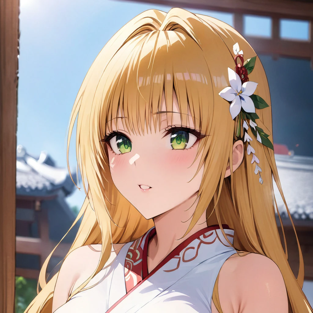 ((Highest quality)), ((masterpiece)), (detailed), （Perfect Face）、The woman is Tiare, with green eyes, medium-long blonde hair, and is dressed as a shrine maiden.