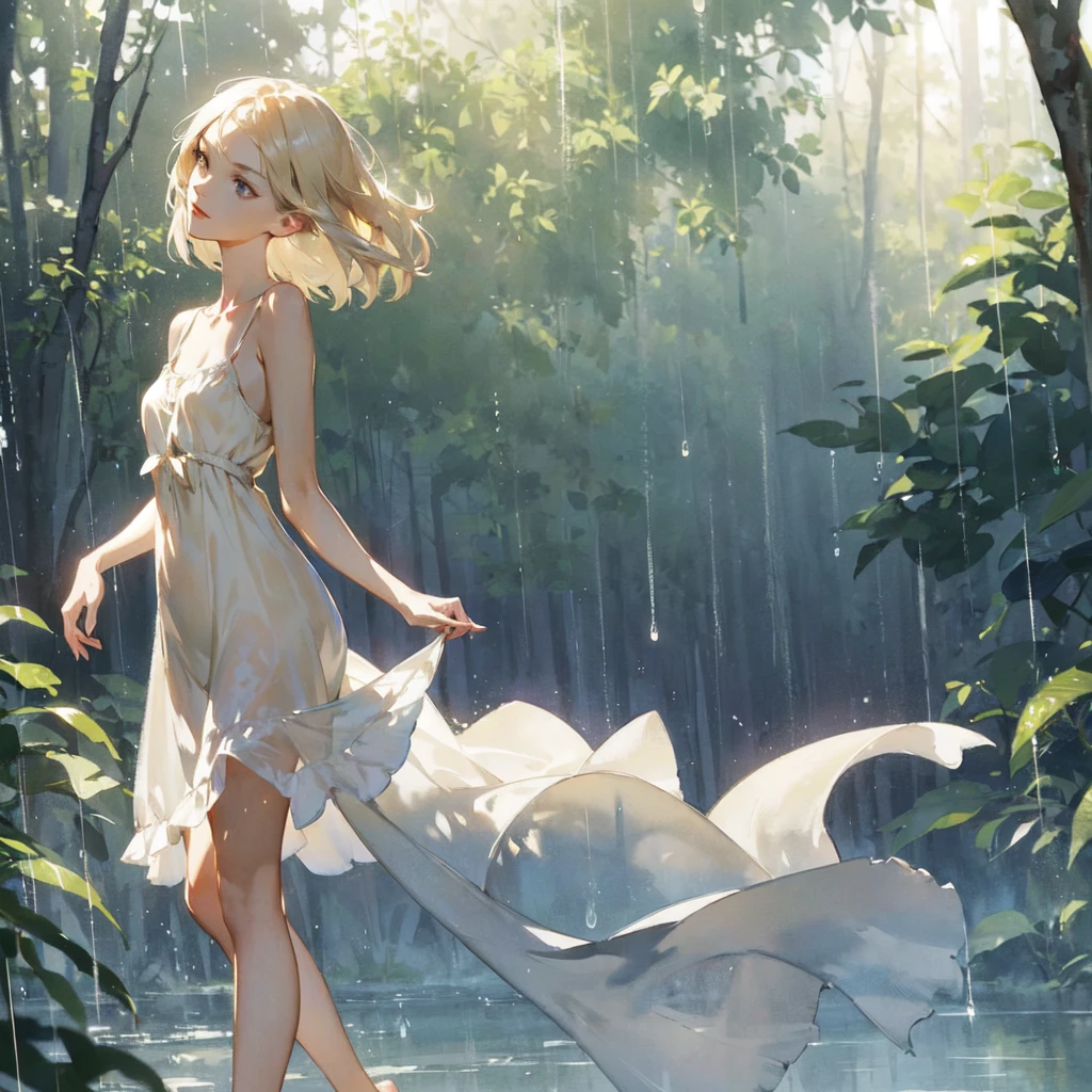 beautiful slender sophisticated girl (with a very beautiful, sophisticated face of the southern type with almond-shaped eyes and delicate lips) barefoot ((in a very short beige light summer sundress)) with tender breasts in the rain in the summer forest, purple thunderstorm, in watercolor style