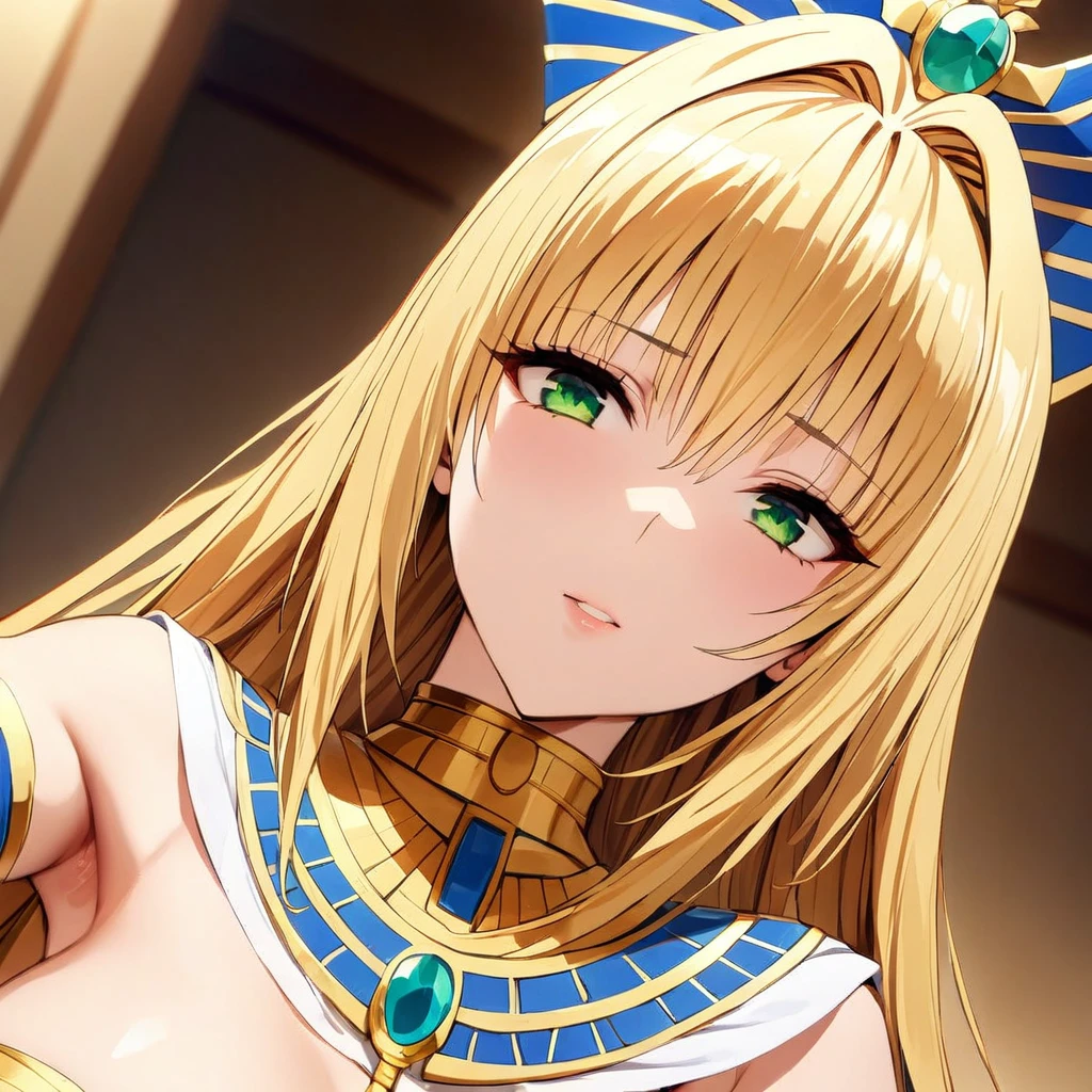 ((Highest quality)), ((masterpiece)), (detailed), （Perfect Face）、The woman is Tiare, with green eyes, medium-long blonde hair, and is dressed like a pharaoh.