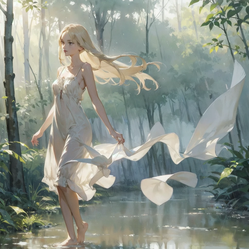 beautiful slender sophisticated girl (with a very beautiful, sophisticated face of the southern type with almond-shaped eyes and delicate lips) barefoot ((in a very short beige light summer sundress)) with tender breasts in the rain in the summer forest, purple thunderstorm, in watercolor style
