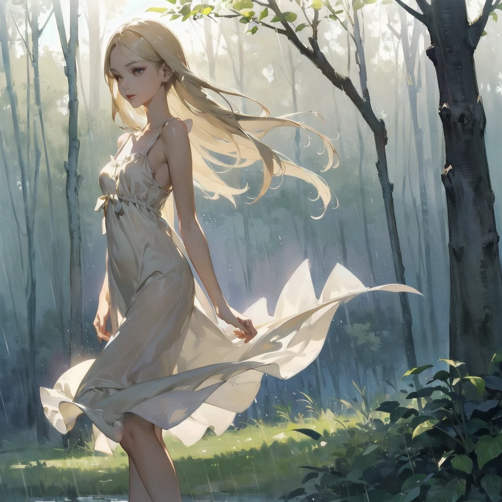 beautiful slender sophisticated girl (with a very beautiful, sophisticated face of the southern type with almond-shaped eyes and delicate lips) barefoot ((in a very short beige light summer sundress)) with tender breasts in the rain in the summer forest, purple thunderstorm, in watercolor style
