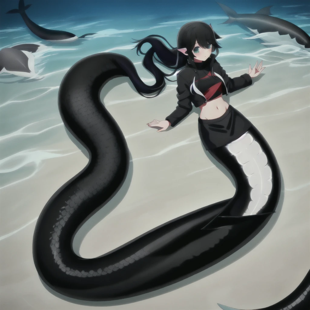 (mermaid:1.0), 1 long black shark tail, full body, midriff black crop top, beautiful perfect symmetrical face, beautiful cute dark teenager girl, full body ,under the sea, long black pony tail, fins, stretching,  long nails, black jacket