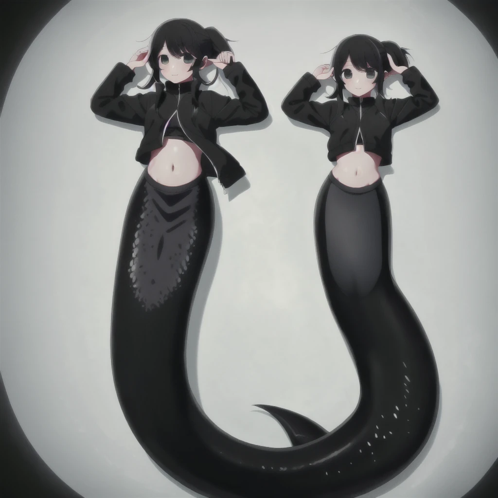 (mermaid:1.0), 1 long black shark tail, full body, midriff black crop top, beautiful perfect symmetrical face, beautiful cute dark teenager girl, full body ,under the sea, long black pony tail, fins, stretching, long nails, black jacket