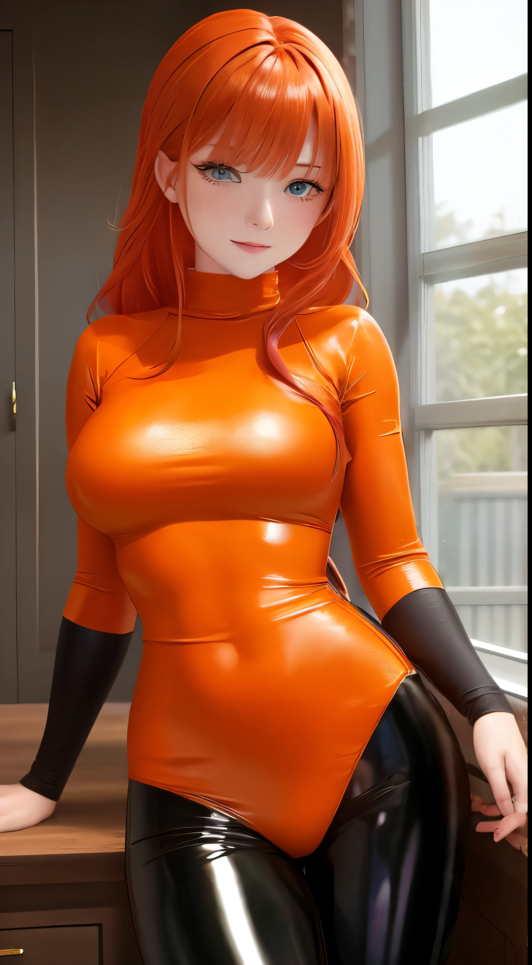 masterpiece, best quality, ultra-detailed, beautiful lighting, 1girl, milf, orange hair, green eyes, freckles, turtleneck, looking at viewer, black latex leggins
