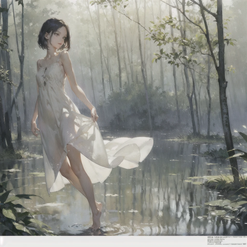 beautiful slender sophisticated girl (with a very beautiful, sophisticated face of the southern type with almond-shaped eyes and delicate lips) barefoot ((in a very short beige light summer sundress)) with tender breasts in the rain in the summer forest, purple thunderstorm, in watercolor style