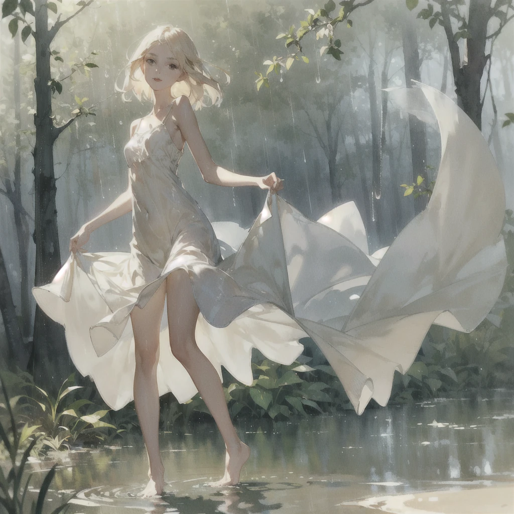 beautiful slender sophisticated girl (with a very beautiful, sophisticated face of the southern type with almond-shaped eyes and delicate lips) barefoot ((in a very short beige light summer sundress)) with tender breasts in the rain in the summer forest, purple thunderstorm, in watercolor style