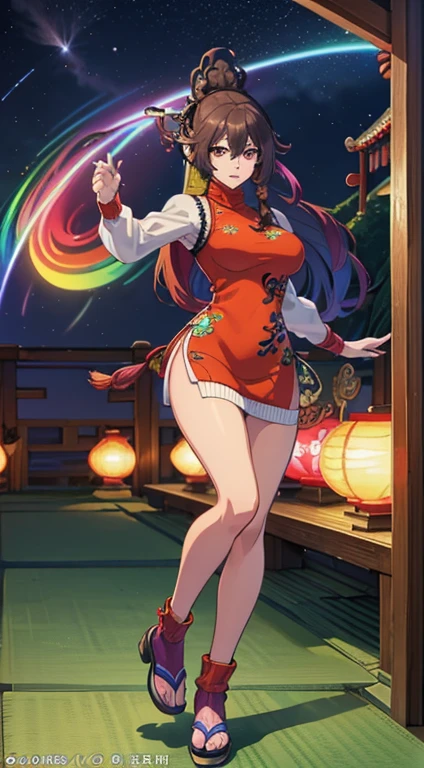 nighttime,full body,KOF:Mai Shiranui ,(((Wearing vibrant rainbow color scheme art, Suzhou embroidery technology; knitted sweater hole dress))),The mirror, Masterpiece,best quality,official art,extremely detailed 3DCG unity 8k, ( ##tattoo ##,tattoo, ~+ tattoo),(Perfect female curves, huge breast),(A seductive gaze), Facing the camera, Pink lips,Delicate fingers and hands,magic hour, Rembrandt lighting, front lighting and fill lighting, hard shadow, Arnold render,