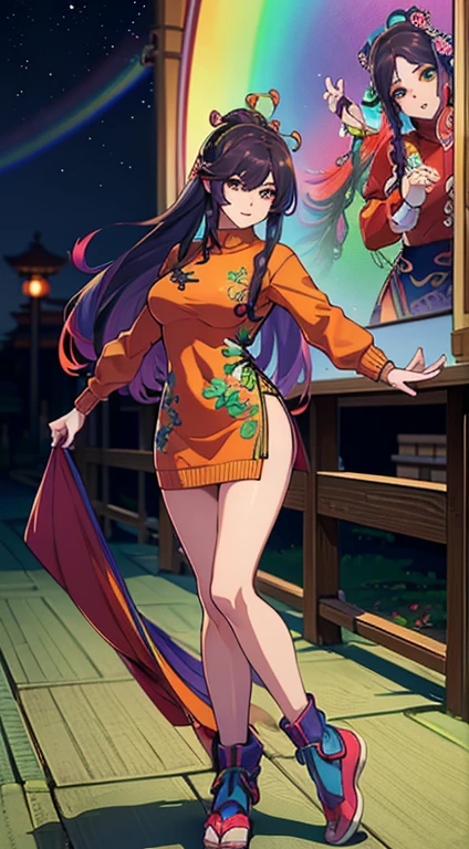 nighttime,full body,KOF:Mai Shiranui ,(((Wearing vibrant rainbow color scheme art, Suzhou embroidery technology; knitted sweater hole dress))),The mirror, Masterpiece,best quality,official art,extremely detailed 3DCG unity 8k, ( ##tattoo ##,tattoo, ~+ tattoo),(Perfect female curves, huge breast),(A seductive gaze), Facing the camera, Pink lips,Delicate fingers and hands,magic hour, Rembrandt lighting, front lighting and fill lighting, hard shadow, Arnold render,