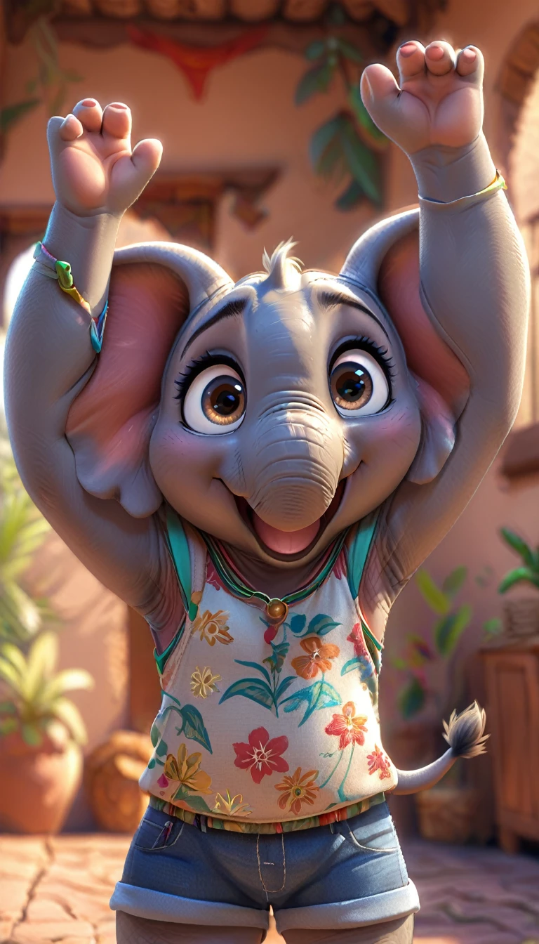 cute elephant, cartoon , arms, hands ,cute eyes, looking at viewer, arms up, clothes