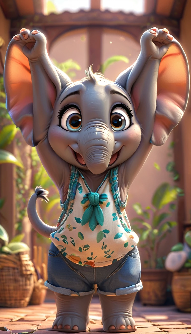 cute elephant, cartoon , arms, hands ,cute eyes, looking at viewer, arms up, clothes