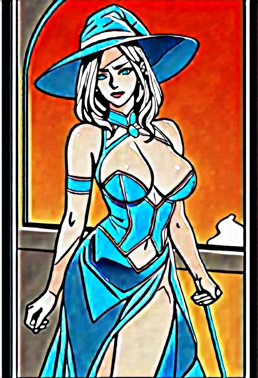 (masterpiece) (best quality) (perfect face) In a beautiful anime style. A beautiful young woman dressed as a witch. Long hat, blue harness and frilly skirt. She's standing there making invocations, with an evil, sneaky look on her face. A burning circle surrounds her, but there is decorative lighting in a crypt.