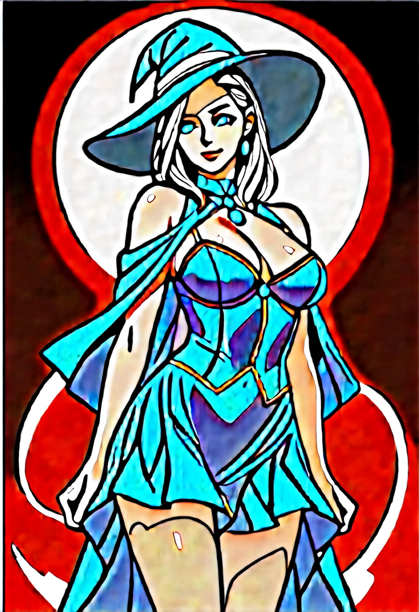 (masterpiece) (best quality) (perfect face) In a beautiful anime style. A beautiful young woman dressed as a witch. Long hat, blue harness and frilly skirt. She's standing there making invocations, with an evil, sneaky look on her face. A burning circle surrounds her, but there is decorative lighting in a crypt.