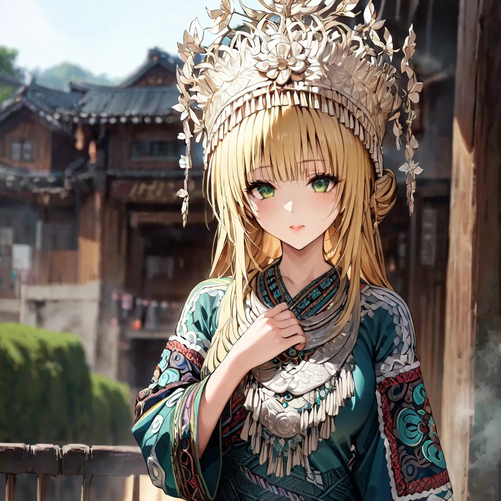 ((Highest quality)), ((masterpiece)), (detailed), （Perfect Face）、The woman is a Tier, with green eyes, medium blonde hair, ethnic medicine and a gorgeous hat.、The whole body is visible