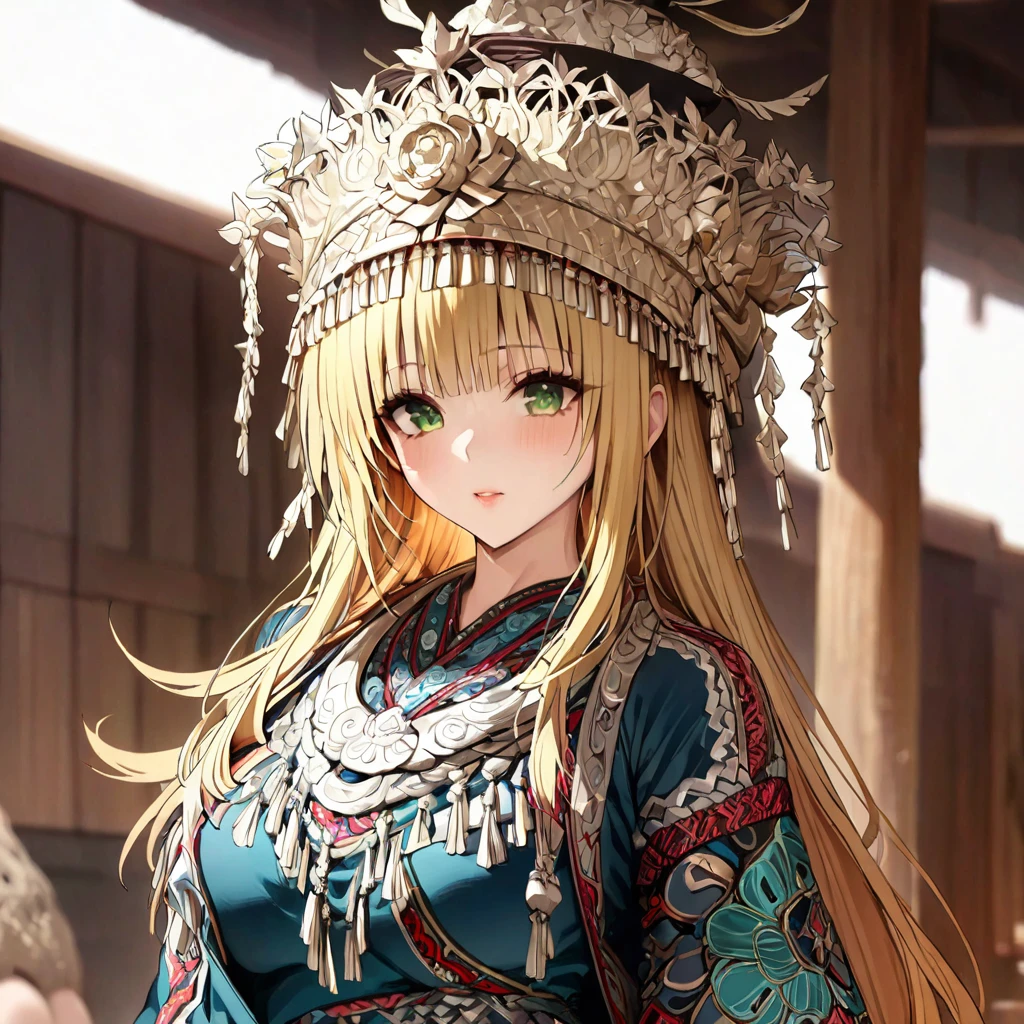 ((Highest quality)), ((masterpiece)), (detailed), （Perfect Face）、The woman is a Tier, with green eyes, medium blonde hair, ethnic medicine and a gorgeous hat.、The whole body is visible