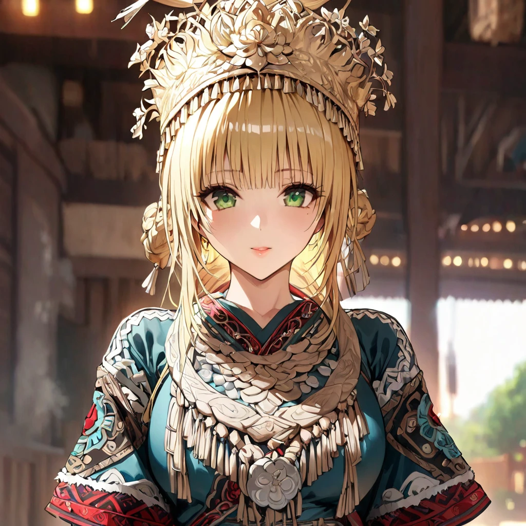 ((Highest quality)), ((masterpiece)), (detailed), （Perfect Face）、The woman is a Tier, with green eyes, medium blonde hair, ethnic medicine and a gorgeous hat.、The whole body is visible