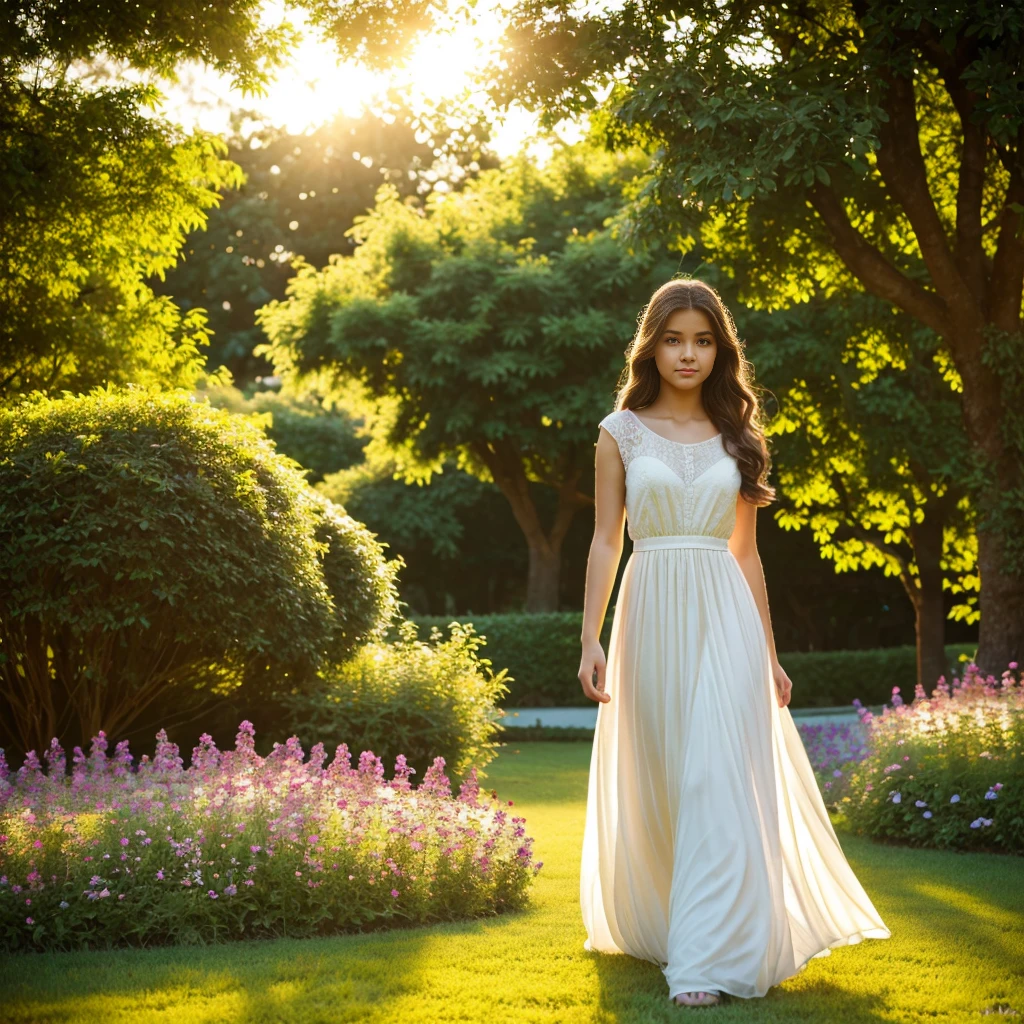 a beautiful young girl with long flowing hair, delicate facial features, rosy cheeks, serene expression, wearing a flowing white dress, standing in a lush garden with flowers blooming all around, warm morning sunlight, ethereal, peaceful, (best quality,8k,highres,masterpiece:1.2),ultra-detailed,(realistic,photorealistic,photo-realistic:1.37),delicate skin, high-quality portrait, cinematic lighting, vibrant colors, intricate details, serene atmosphere, natural setting