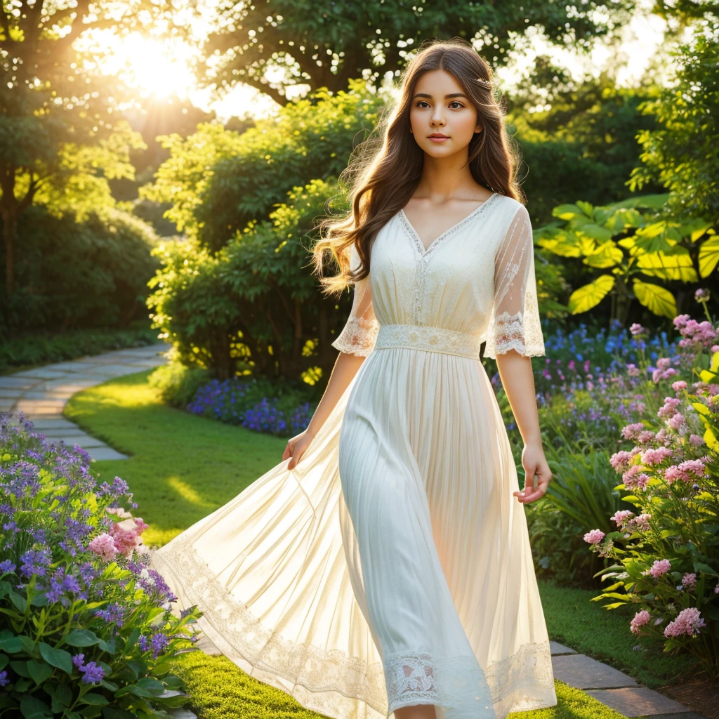 a beautiful young girl with long flowing hair, delicate facial features, rosy cheeks, serene expression, wearing a flowing white dress, standing in a lush garden with flowers blooming all around, warm morning sunlight, ethereal, peaceful, (best quality,8k,highres,masterpiece:1.2),ultra-detailed,(realistic,photorealistic,photo-realistic:1.37),delicate skin, high-quality portrait, cinematic lighting, vibrant colors, intricate details, serene atmosphere, natural setting