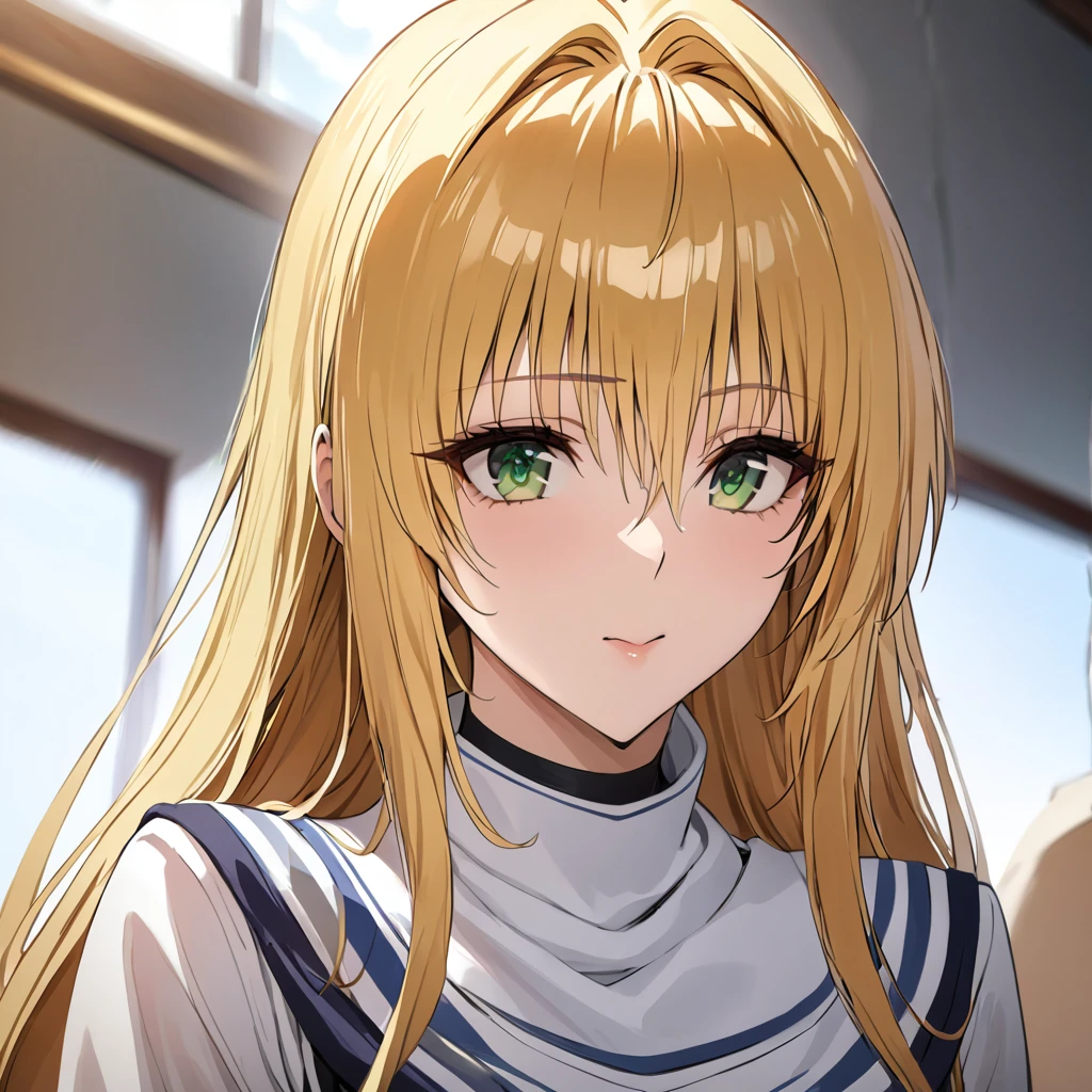 ((Highest quality)), ((masterpiece)), (detailed), （Perfect Face）、The woman is a Tier, with green eyes, medium-length blonde hair, and Messianic clothing.