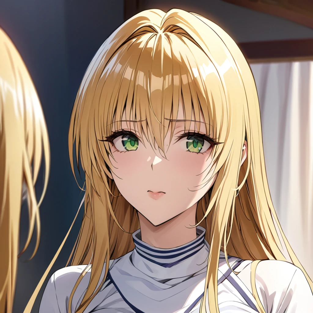 ((Highest quality)), ((masterpiece)), (detailed), （Perfect Face）、The woman is a Tier, with green eyes, medium-length blonde hair, and Messianic clothing.