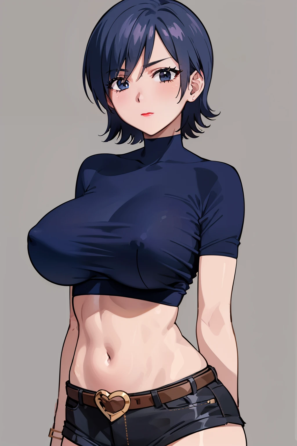 (beautiful detailed eyes, beautiful detailed face, perfect detailed body), mikictr, 1girl, solo, black eyes, short hair, closed mouth, lipstick, blush, large breasts, crop top, no bra, midriff, navel, upper body:1.5, standing, belt, blue short shorts, simple background