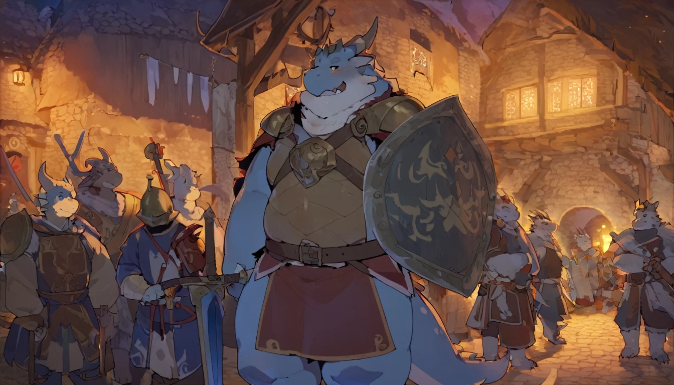 Dragon, male, furry anime,fat, chubby,perfect body, detailed face,paladin,wearing Medieval adventure equipment ,A heavy greatsword on the back, Holding a large shield , medieval times, village,anthro,doujin,yaoi,fantasy world ,isekai, adventure,boukensha, masterpiece, Sinematic lighting,accurate, extremely detailed,by quanjiang 