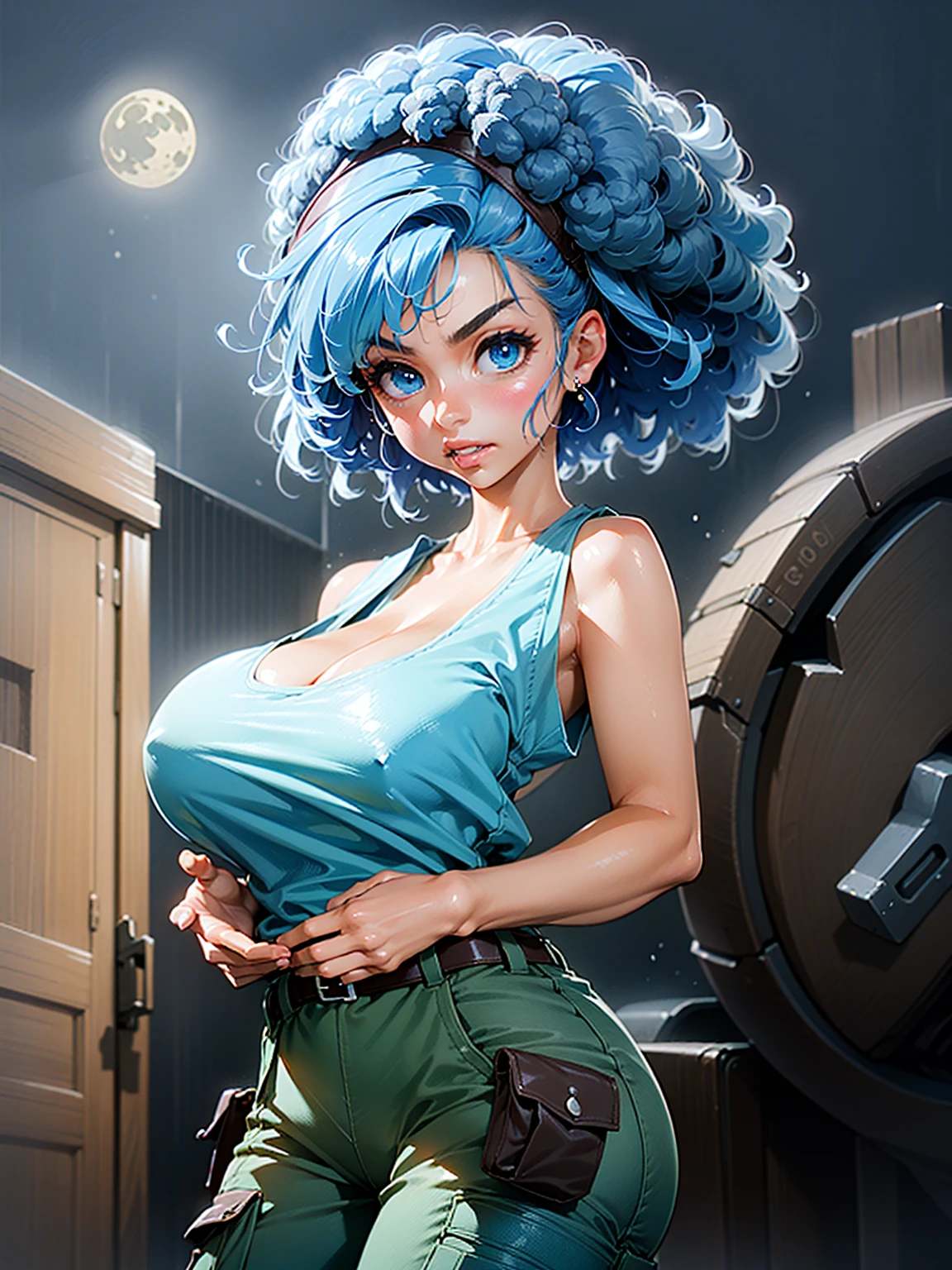 Waifu, masterpiece, curvy, breasts, moon, full moon, gloves, 1girl, clenched teeth, bulma, cleavage, large breasts, teeth, aqua hair, ((white tank top:1.2)), blue eyes, rating:explicit,rule34, hardcore, ,clenched hands, night, sky, ((brown cargo pants:1.4)), bare shoulders, blue hair, clenched hand, rating:questionable, (((blue colored afro:1.5))), belt, solo, angry, lip biting(gigantic and massive tits:1.1), breasts, official illustration, illustration, detailed face, beautiful intricate eyes, curvy milf, 1:2), closeup, titsnipples