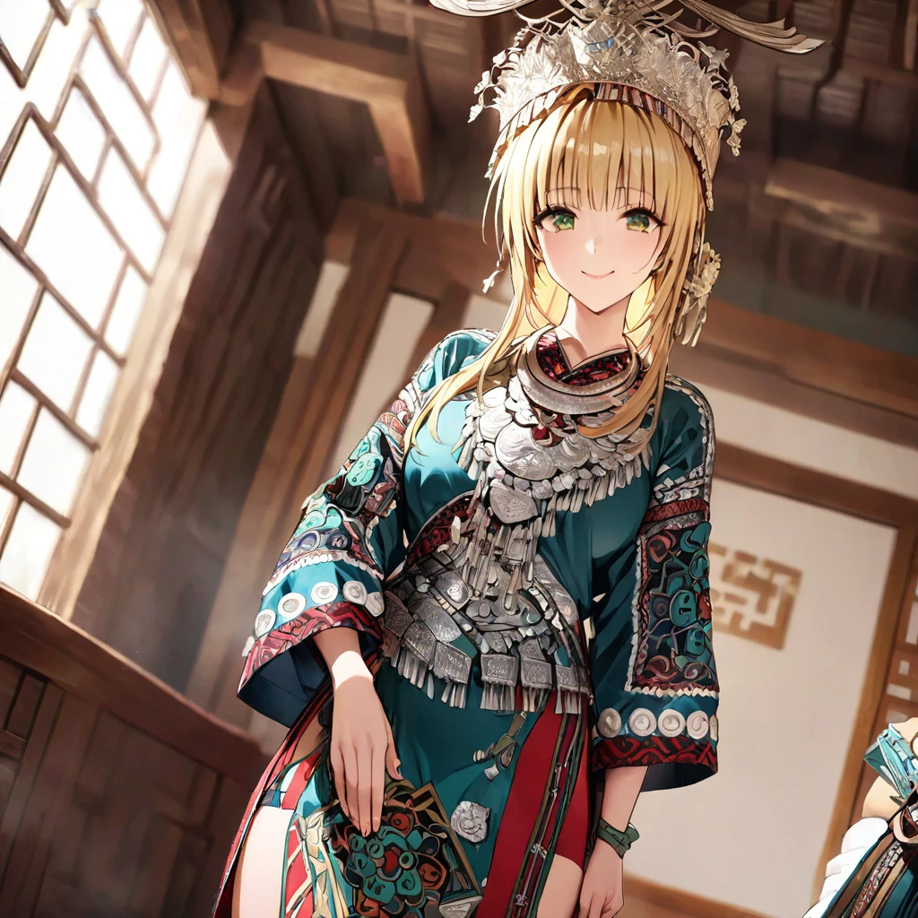 ((Highest quality)), ((masterpiece)), (detailed), (Perfect Face)、The woman is a Tier, with green eyes, medium blonde hair, ethnic medicine and a gorgeous hat.、Smiling with a gentle smile、The woman is being shown her outfit、The whole body is in the frame