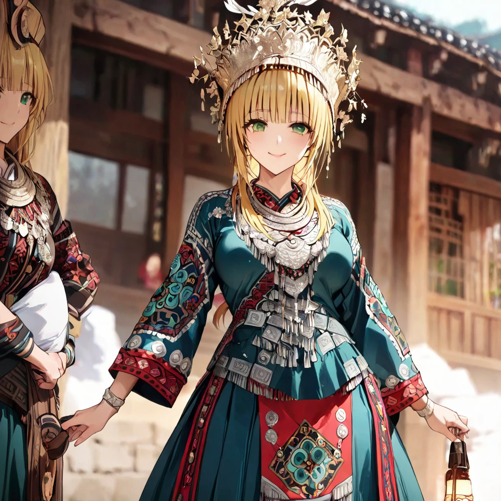 ((Highest quality)), ((masterpiece)), (detailed), （Perfect Face）、The woman is a Tier, with green eyes, medium blonde hair, ethnic medicine and a gorgeous hat.、Smiling with a gentle smile、The woman is being shown her outfit、The whole body is in the frame