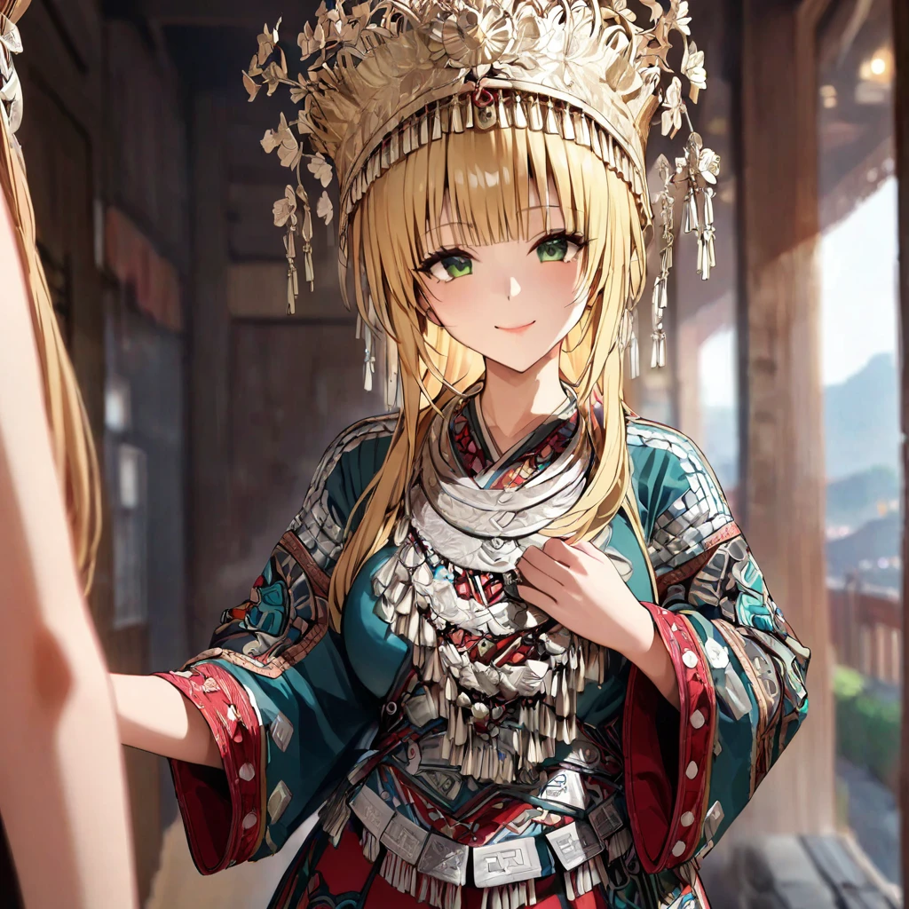 ((Highest quality)), ((masterpiece)), (detailed), (Perfect Face)、The woman is a Tier, with green eyes, medium blonde hair, ethnic medicine and a gorgeous hat.、Smiling with a gentle smile、The woman is being shown her outfit、The whole body is in the frame