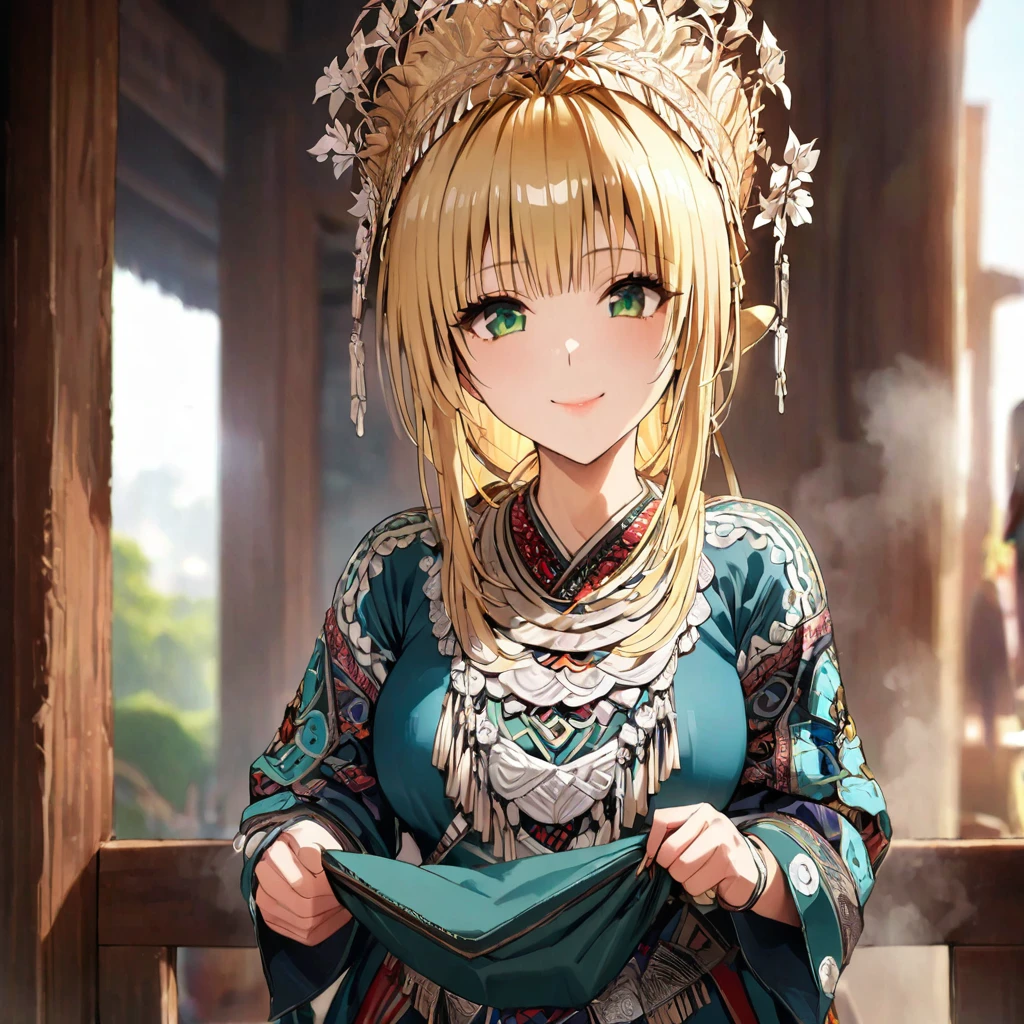 ((Highest quality)), ((masterpiece)), (detailed), （Perfect Face）、The woman is a Tier, with green eyes, medium blonde hair, ethnic medicine and a gorgeous hat.、Smiling with a gentle smile、The woman is being shown her outfit、The whole body is in the frame