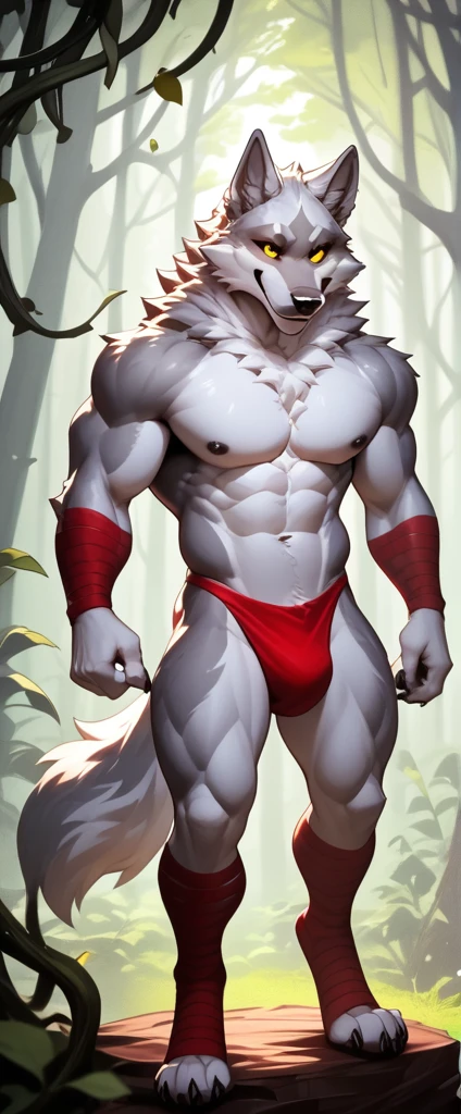 (ultra detailed), a seductive and provocative full size portrait of a lone wolf, ((wearing a smirk)), in a sexy and alluring pose. The wolf's thick fur is rendered in exquisite detail, with each strand individually textured and shaded. The wolf's piercing yellow eyes are full of mischief and desire, and are framed by long, flowing ears. The wolf's muscular body is shown in all its glory, with every muscle defined and ripped. The wolf wears nothing but a thin, red thong, which clings to its curves and leaves little to the imagination. The background is a dark, mysterious forest, with twisted trees and vines