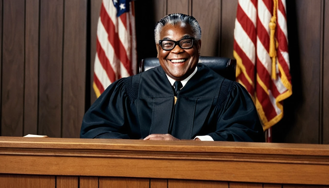 large smiling black judge sitting in court behind bench, short pompadour hair, american flag on left side in background, navy blue flag with gold trim on right side in background, straight on view, 1950s style