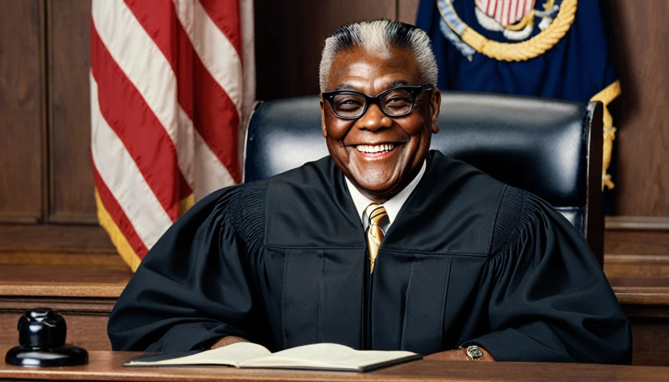 large smiling black judge sitting in court behind bench, short pompadour hair, american flag on left side in background, navy blue flag with gold trim on right side in background, straight on view, 1950s style