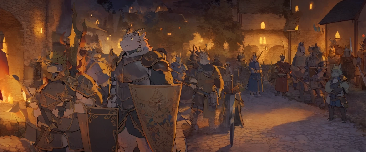 Dragon, male, furry anime,fat, chubby,perfect body, detailed face,paladin,wearing Medieval adventure equipment ,A heavy greatsword on the back, Holding a large shield , medieval times, village,anthro,doujin,yaoi,fantasy world ,isekai, adventure,boukensha, masterpiece, Sinematic lighting,accurate, extremely detailed,by quanjiang 