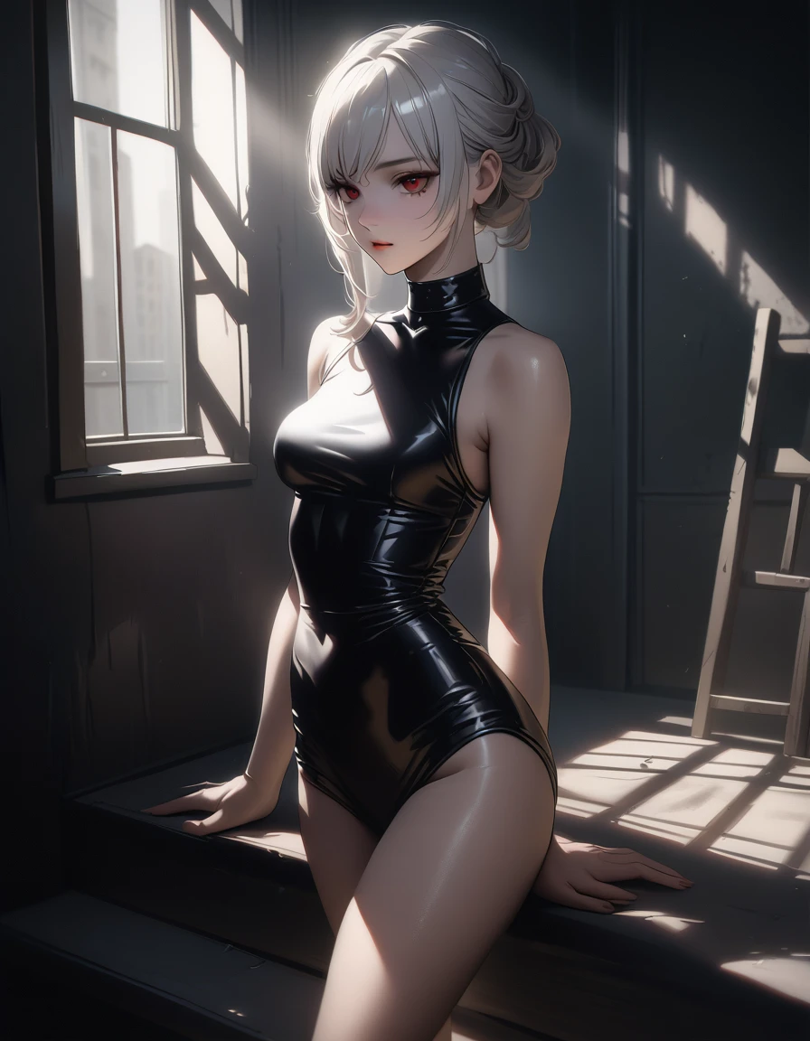 a age prostitute in a tight dress, dominatrix gaze, white hair, red eyes, highly detailed, cinematic lighting, dark and gritty, dramatic shadows, hyper realistic, exquisite details, chiaroscuro, moody and atmospheric, dramatic rendering, masterpiece, professional photography, 8k, photorealistic