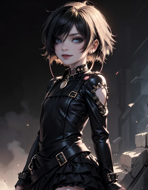 1girl, woman, emo_hairstyle, black lipstick, dog collar, eyeliner, eye shadow, smoky eyes, realistic lighting, short hair, smug, punk, smirk, fantasy clothes, skirt, tight fantasy dress.