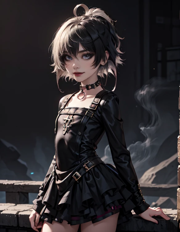 1girl, woman, emo_hairstyle, black lipstick, dog collar, eyeliner, eye shadow, smoky eyes, realistic lighting, short hair, smug, punk, smirk, fantasy clothes, skirt, tight fantasy dress.