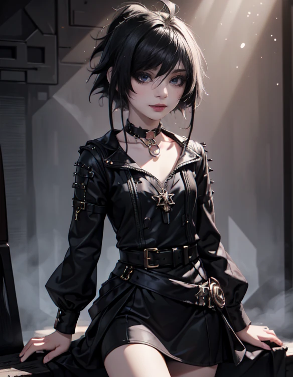 1girl, woman, emo_hairstyle, black lipstick, dog collar, eyeliner, eye shadow, smoky eyes, realistic lighting, short hair, smug, punk, smirk, fantasy clothes, skirt, tight fantasy dress.