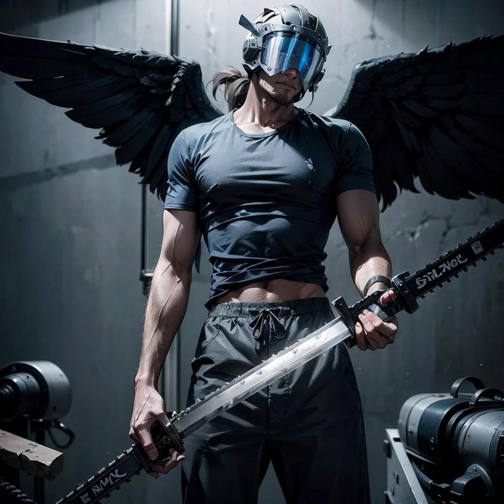 a human, with stone tail, wings, giant sword and a helmet.