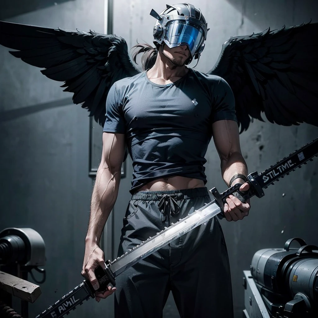 a human, with stone tail, wings, giant sword and a met.