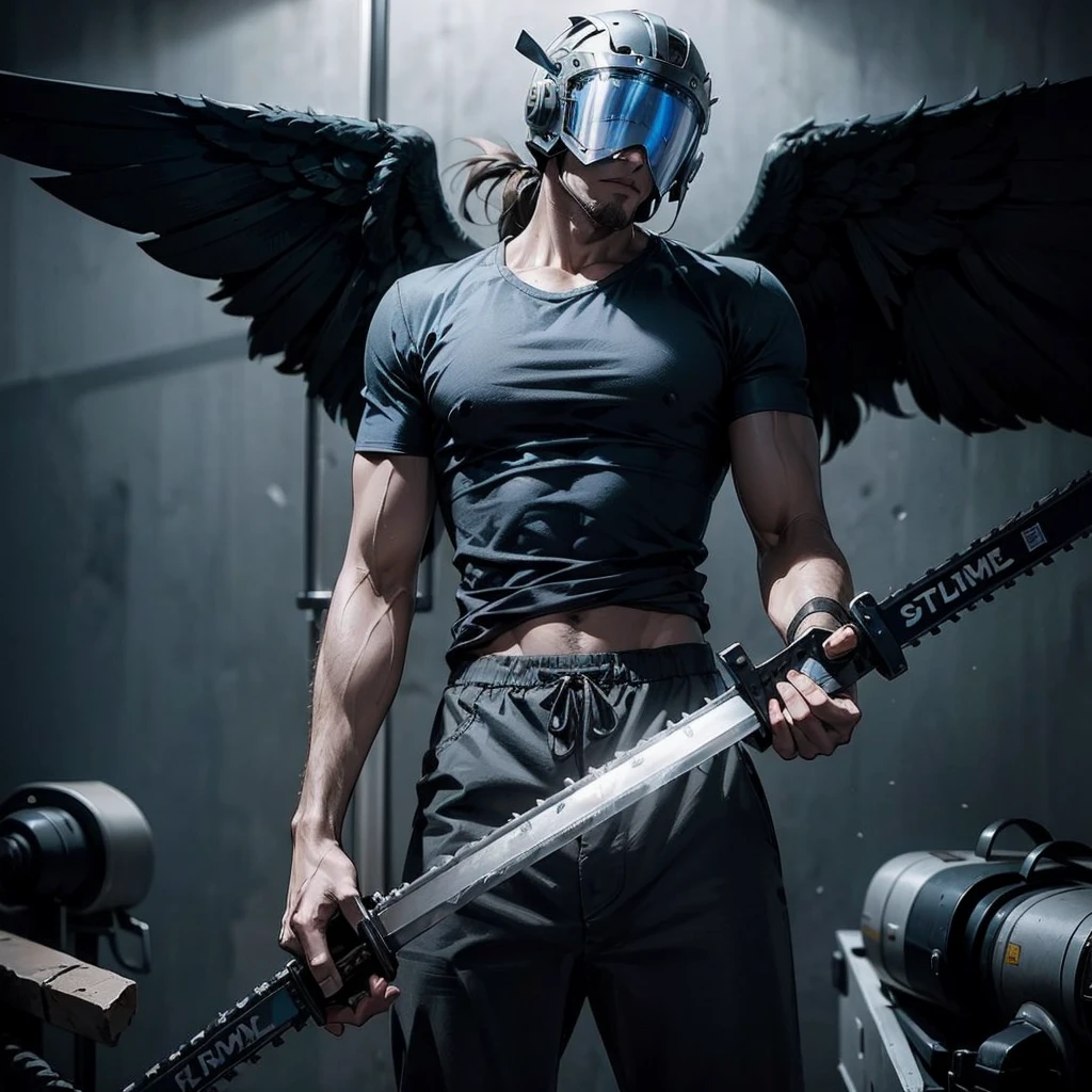 a human, with stone tail, wings, giant sword and a helmet.