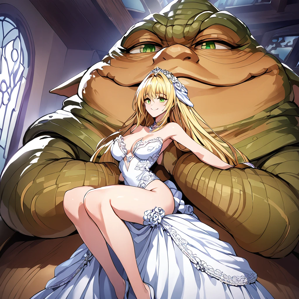 ((Highest quality)), ((masterpiece)), (detailed), （Perfect Face）、The woman is Tiare, with green eyes, medium-length blonde hair, an iron collar, and is wearing a gorgeous, jeweled vintage wedding dress and a vintage wedding veil. The woman is standing next to Jabba the Hutt at his hideout for the wedding.、Jabba the Hutt is holding a woman in his arms and having a wedding、The woman loves Jabba the Hutt and looks at him with a gentle smile.