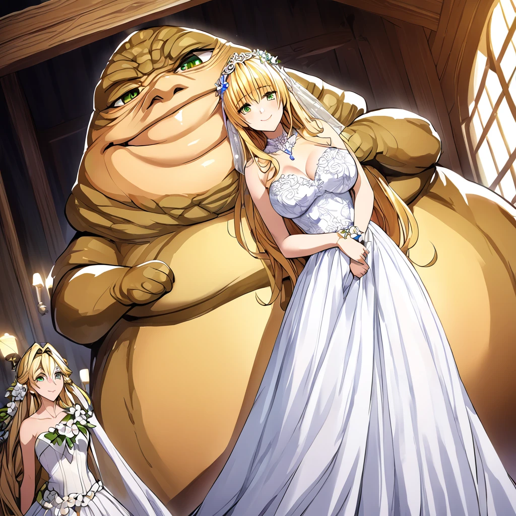 ((Highest quality)), ((masterpiece)), (detailed), （Perfect Face）、The woman is Tiare, with green eyes, medium-length blonde hair, an iron collar, and is wearing a gorgeous, jeweled vintage wedding dress and a vintage wedding veil. The woman is standing next to Jabba the Hutt at his hideout for the wedding.、Jabba the Hutt is holding a woman in his arms and having a wedding、The woman loves Jabba the Hutt and looks at him with a gentle smile.