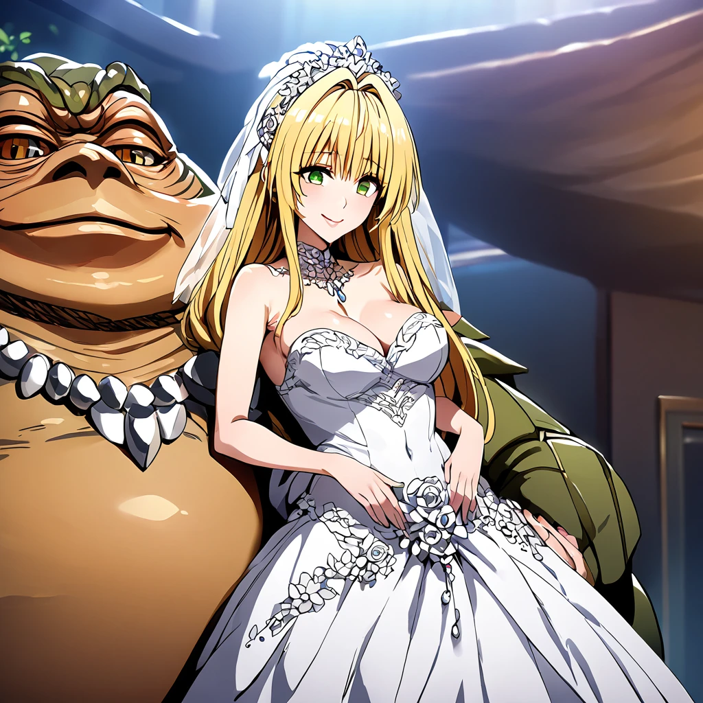 ((Highest quality)), ((masterpiece)), (detailed), （Perfect Face）、The woman is Tiare, with green eyes, medium-length blonde hair, an iron collar, and is wearing a gorgeous, jeweled vintage wedding dress and a vintage wedding veil. The woman is standing next to Jabba the Hutt at his hideout for the wedding.、Jabba the Hutt is holding a woman in his arms and having a wedding、The woman loves Jabba the Hutt and looks at him with a gentle smile.