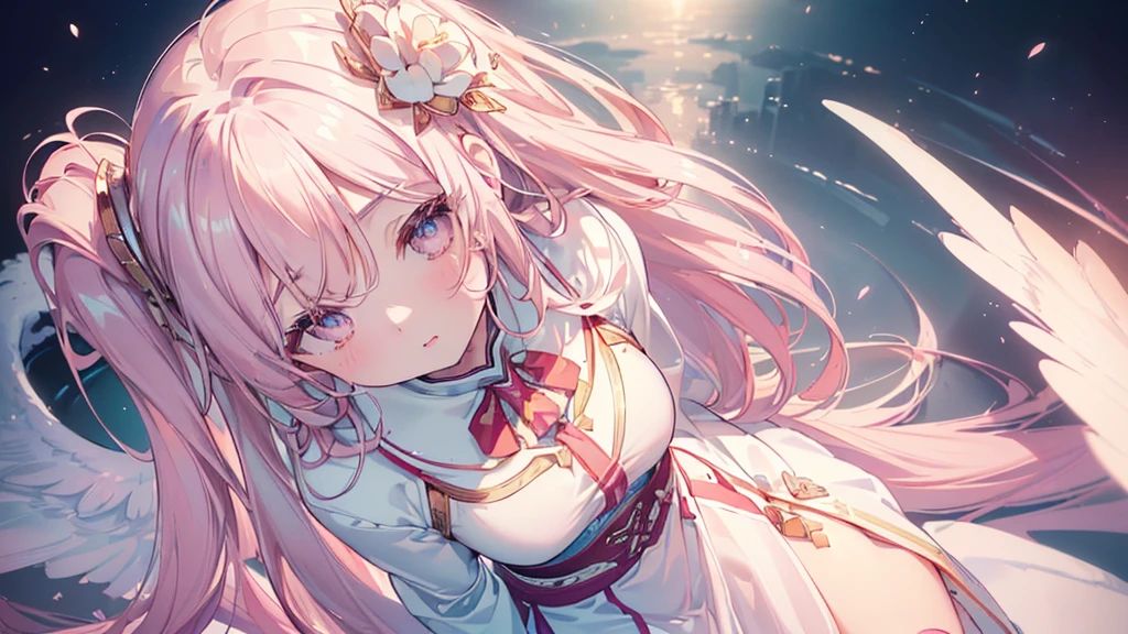 (Asahi), ((Beautiful eyes)), (((Angle from above))), (((Highest quality、masterpiece、Ultra-fine、Ultra-fine、Exquisite、16K、Full HD,high school girl))) 、Long eyelashes、White skin、(thin and long)、 ((cute)) ((One person)),Zoom out,(A magnificent composition、epic proportion)、(Pale pink lips、Pale pink cheeks、thin and long)、Dynamic lighting,
