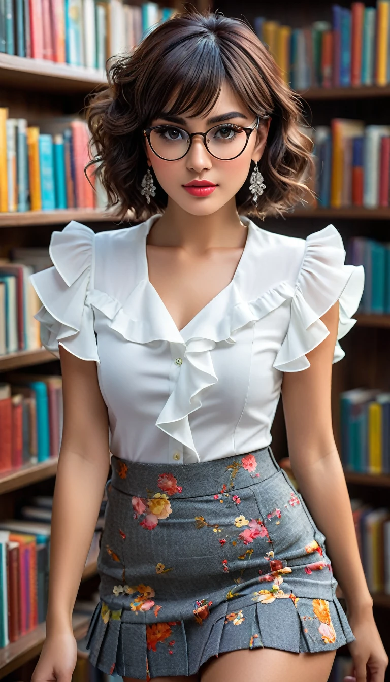 (((beautiful beautiful Isabela Merced, posing for uploadss, looking sexy, ruffled lips, Cabelo curto e curly, extremely pretty eyes))), ((wearing floral silver necklace)), realistic uploadsgraph, highy detailed, Foco do pointed, (Main lighting), (indoor bookstore environment), artwork, extremely pretty, Perfect beauty, (perfect shape body, Broad Hips, small waist, thick-thighs, firm abs, Body cute, knees, knees, focus on the knees, breasts small), cabelo curto com franja, short hair with bangs covering the forehead, cabelo curto com franja ((((short hair with bangs covering the forehead)))), ((30 years old)), (extremely detaild 8k wallpaper), ((face detailed)), (((wearing white shirt, saia curta de tweed, knees, knees, stitched nylons, Strad sandals)), (long dark eyelashes), (((earrings))), ((())), (((seen from behind))), (looking at the camera), ((())), (glamor model), (seductive facial expression) (((standing between high shelves full of books))), extremely detaild, artwork, Intricate details, highy detailed, Foco do pointed, skin detailed, realistic skin texture, texture, detailedeyes, high resolution, kodak vision color, uploads_\(ultra\), Post-processing, maximum detail, roughness, real-life, ultra realistic, uploadsrealism, uploadsgraphy, absurderes, RAW uploads, highest quallity, high detail RAW color uploads, professional uploads, extremely detaild UHD 8k wallpaper unit, best quality, high resolution, (artwork, maximum quality, high resolution:1.4), uploads, cinematic, Film grain, pointed, soft natural light, magic uploadsgraphy, super verbose, ((whole body: legs 1.3)), librarian glasses, nerd glasses, ((pleated skirt: skirt 1.3))