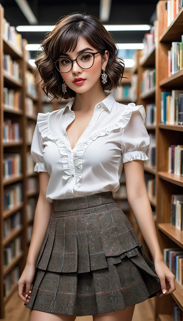 (((beautiful beautiful Isabela Merced, posing for uploadss, looking sexy, ruffled lips, Cabelo curto e curly, extremely pretty eyes))), ((wearing floral silver necklace)), realistic uploadsgraph, highy detailed, Foco do pointed, (Main lighting), (indoor bookstore environment), artwork, extremely pretty, Perfect beauty, (perfect shape body, Broad Hips, small waist, thick-thighs, firm abs, Body cute, knees, knees, focus on the knees, breasts small), cabelo curto com franja, short hair with bangs covering the forehead, cabelo curto com franja ((((short hair with bangs covering the forehead)))), ((30 years old)), (extremely detaild 8k wallpaper), ((face detailed)), (((wearing white shirt, saia curta de tweed, knees, knees, stitched nylons, Strad sandals)), (long dark eyelashes), (((earrings))), ((())), (((seen from behind))), (looking at the camera), ((())), (glamor model), (seductive facial expression) (((standing between high shelves full of books))), extremely detaild, artwork, Intricate details, highy detailed, Foco do pointed, skin detailed, realistic skin texture, texture, detailedeyes, high resolution, kodak vision color, uploads_\(ultra\), Post-processing, maximum detail, roughness, real-life, ultra realistic, uploadsrealism, uploadsgraphy, absurderes, RAW uploads, highest quallity, high detail RAW color uploads, professional uploads, extremely detaild UHD 8k wallpaper unit, best quality, high resolution, (artwork, maximum quality, high resolution:1.4), uploads, cinematic, Film grain, pointed, soft natural light, magic uploadsgraphy, super verbose, ((whole body: legs 1.3)), librarian glasses, nerd glasses, ((pleated skirt: skirt 1.3))