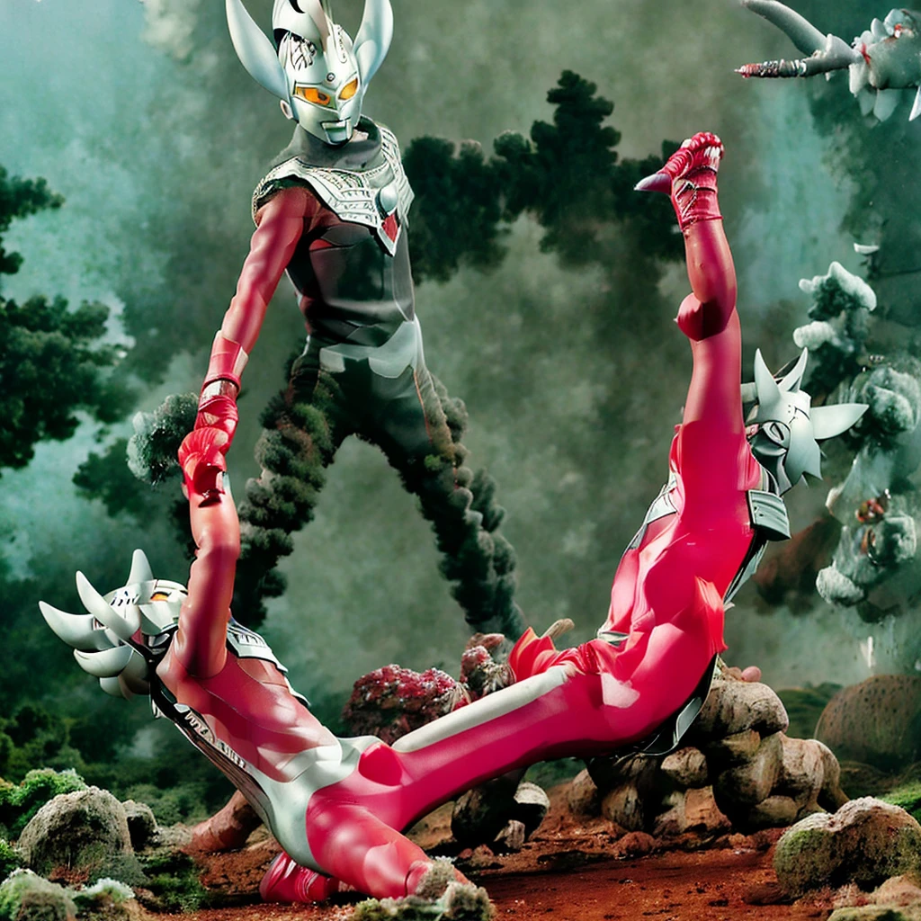photo realistic,4k,8k,35mm films,Distant view, Ultraman Taro killed by Tyrant, a giant hero battling Tyrant the monster, emerges from the forest at the foot of Mt. Fuji to fight, high kicks, punches, being bitten and bleeding, dirty silver helmet, broken horns, one eye glowing red and bleeding, a large thorn piercing his stomach, long thin limbs, his red rubber bodysuit is torn revealing flesh-colored skin, a thin waist, a round butt, being punched by the Tyrant, collapsing, being knocked down
