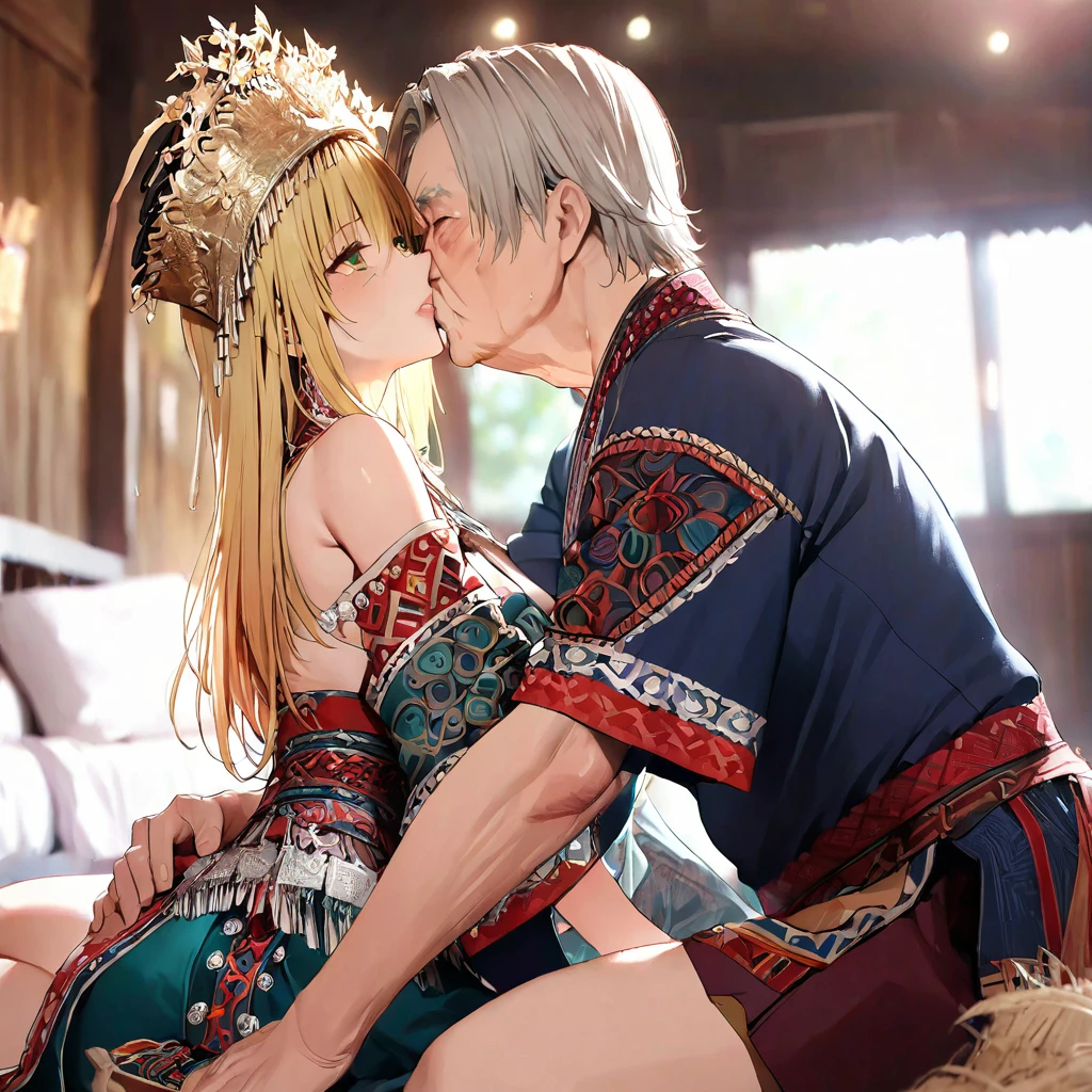 ((Highest quality)), ((masterpiece)), (detailed), (Perfect Face)、The woman is a Tier, with green eyes, medium blonde hair, ethnic medicine and a gorgeous hat.、In the bedroom, the woman embraces an old man dressed in ethnic clothing, kisses him deeply, and has sex.、The whole body is in the frame