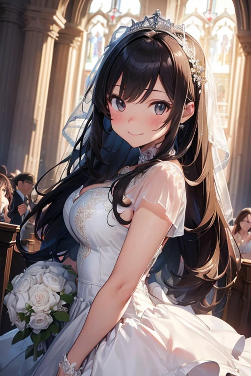 (best quality, masterpiece:1.2), (realistic:1.3),, (ultra-detailed background, detailed background), bokeh,, , gorgeous prom dresses, luxury prom dresses, wedding dress, bridal veil, bridal gauntlets, bridal cascading bouquet,, upper body,, wedding at church,, , 1girl, cute, age, posing, smiling,, dynamic angle, dynamic pose,, , very long hair